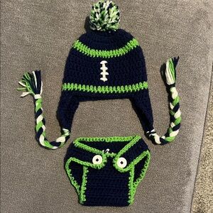 Seahawks hand made Knit Football Hat and Diaper Cover Set